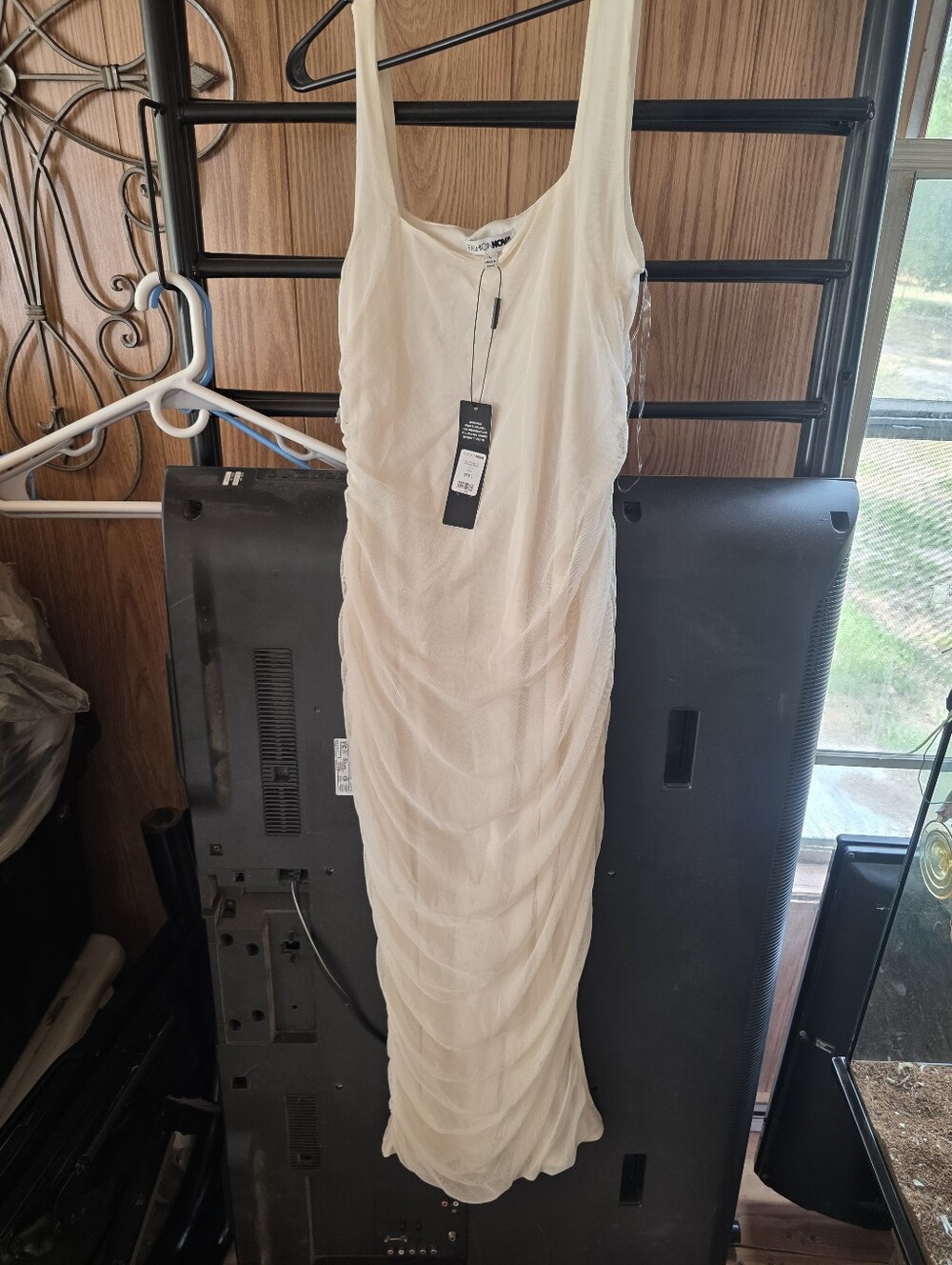 Fashion Nova Cream Ruched Maxi Tank Dress